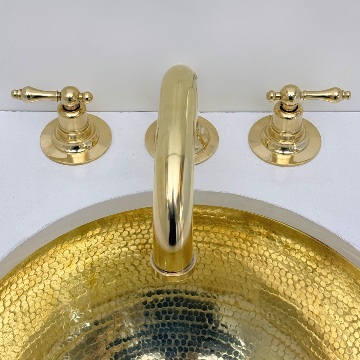 Curved unlacquered brass widespread faucet, 6.5" reach with lever handles – alternate view 4