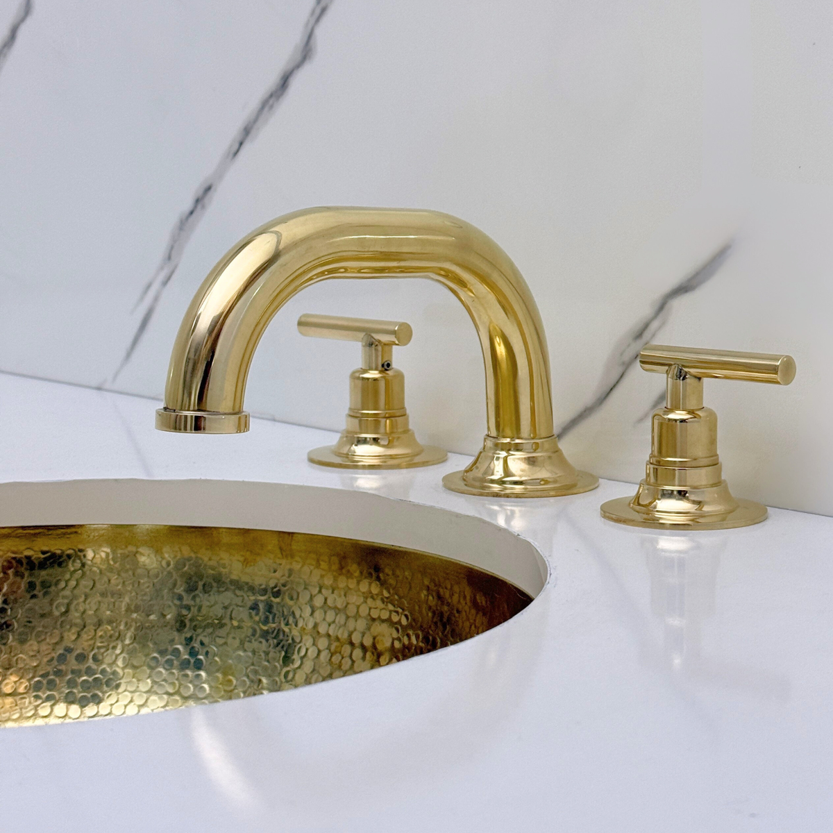 Curved unlacquered brass widespread faucet, 6.5" reach with lever handles – alternate view 6