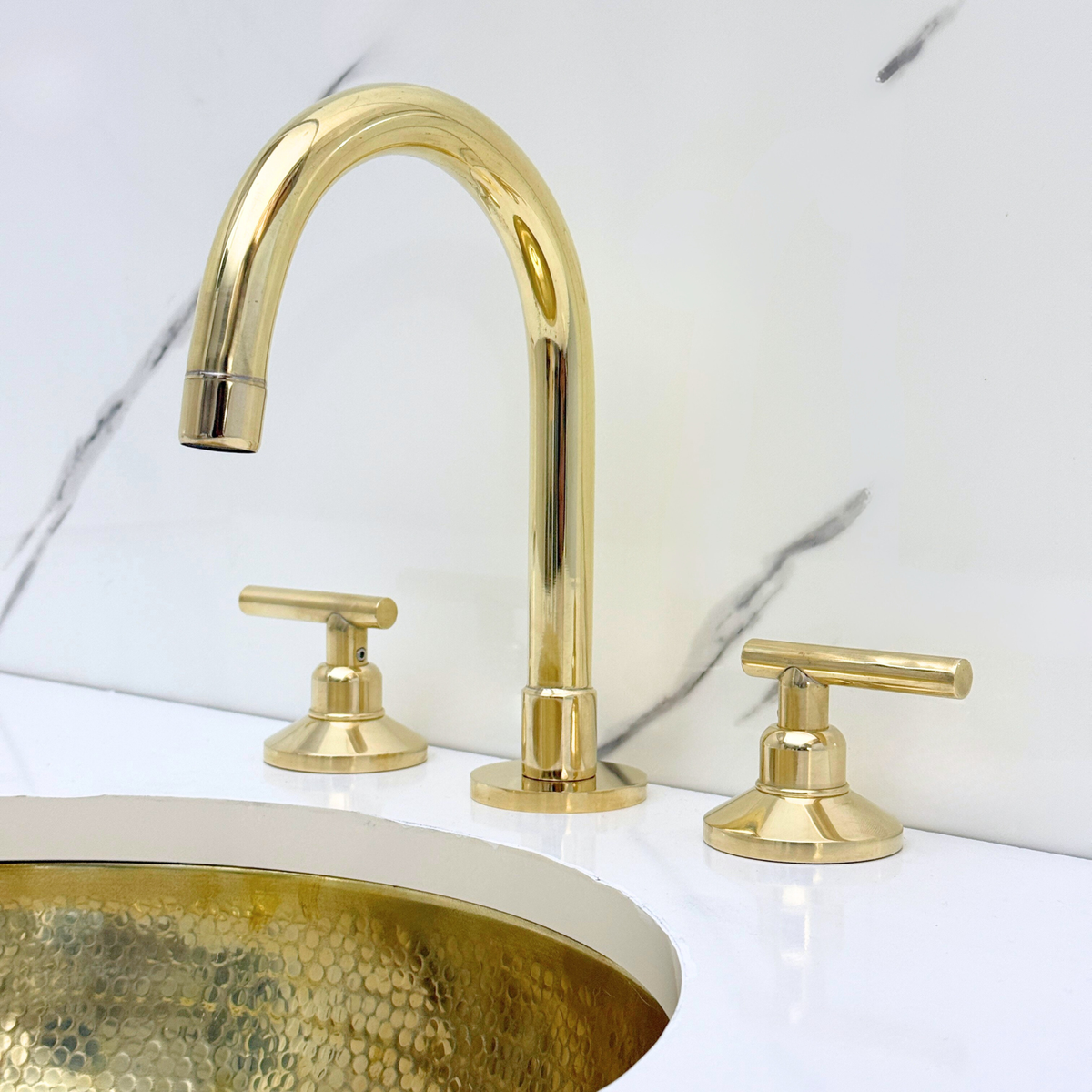 Gooseneck unlacquered brass widespread faucet, 6" reach with lever handles – alternate view 5