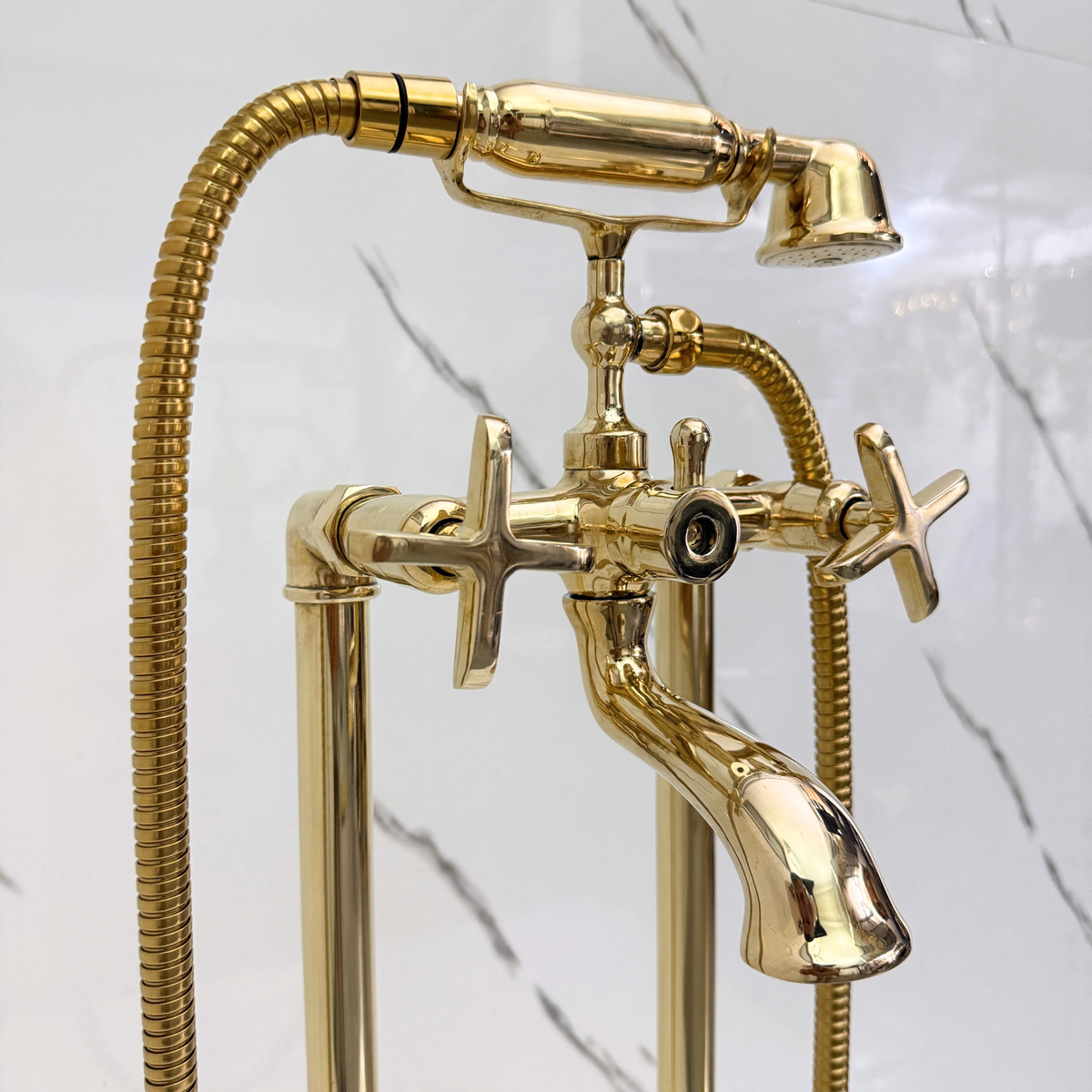Unlacquered Brass Freestanding Bathtub Faucet, Solid Brass Clawfoot Tub Filler with Handheld Shower Head, - image 6