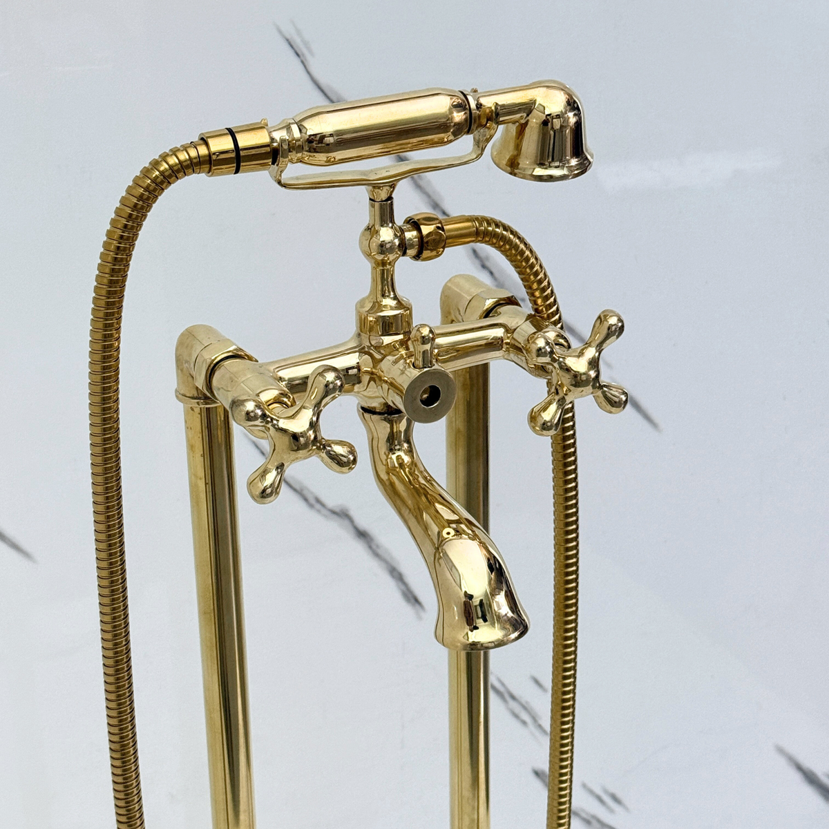 Unlacquered Brass Freestanding Tub Filler with Handheld Shower - image 2