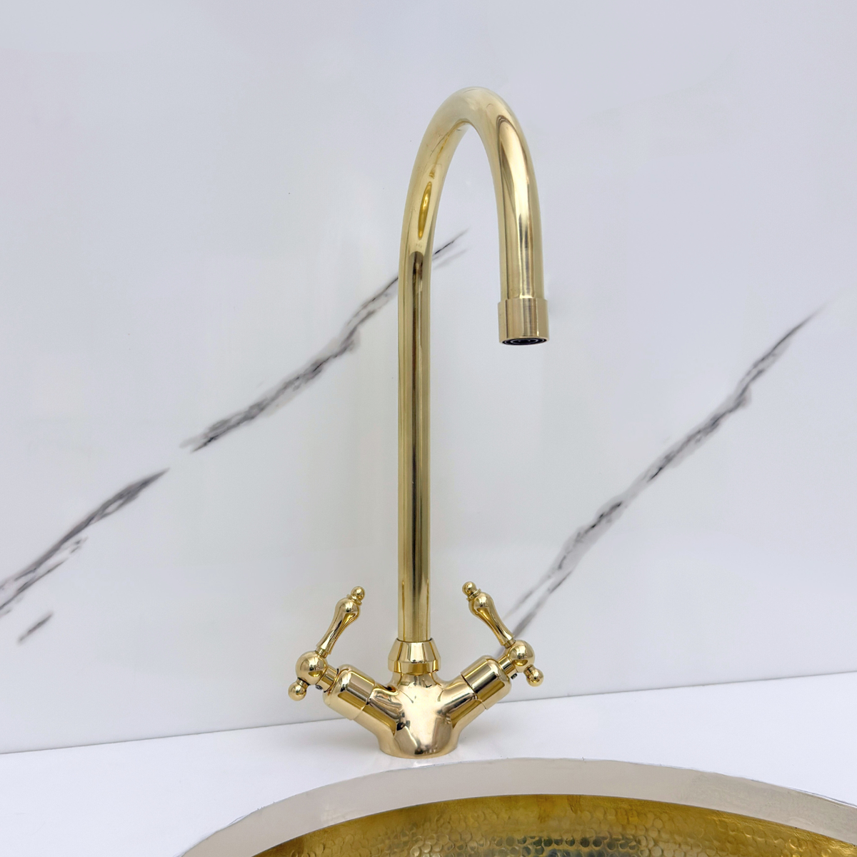 Gooseneck unlacquered brass single-hole faucet, 7" reach with lever handles – alternate view 2
