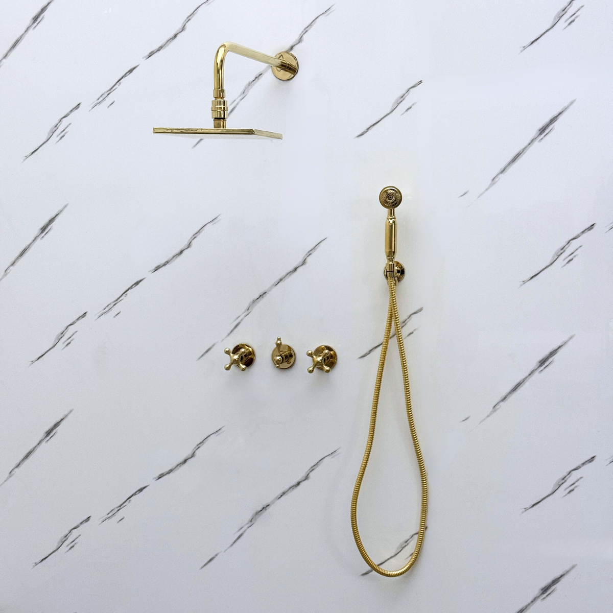 Unlacquered Brass Adjustable Square Rain Shower System with Handheld — Straight arm (UBCSS-017) — detail view 2