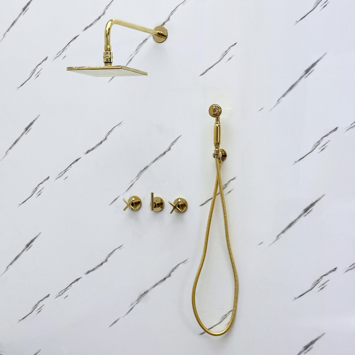 Unlacquered Brass Adjustable Square Rain Shower System with Handheld — Straight arm (UBCSS-017) — detail view 4