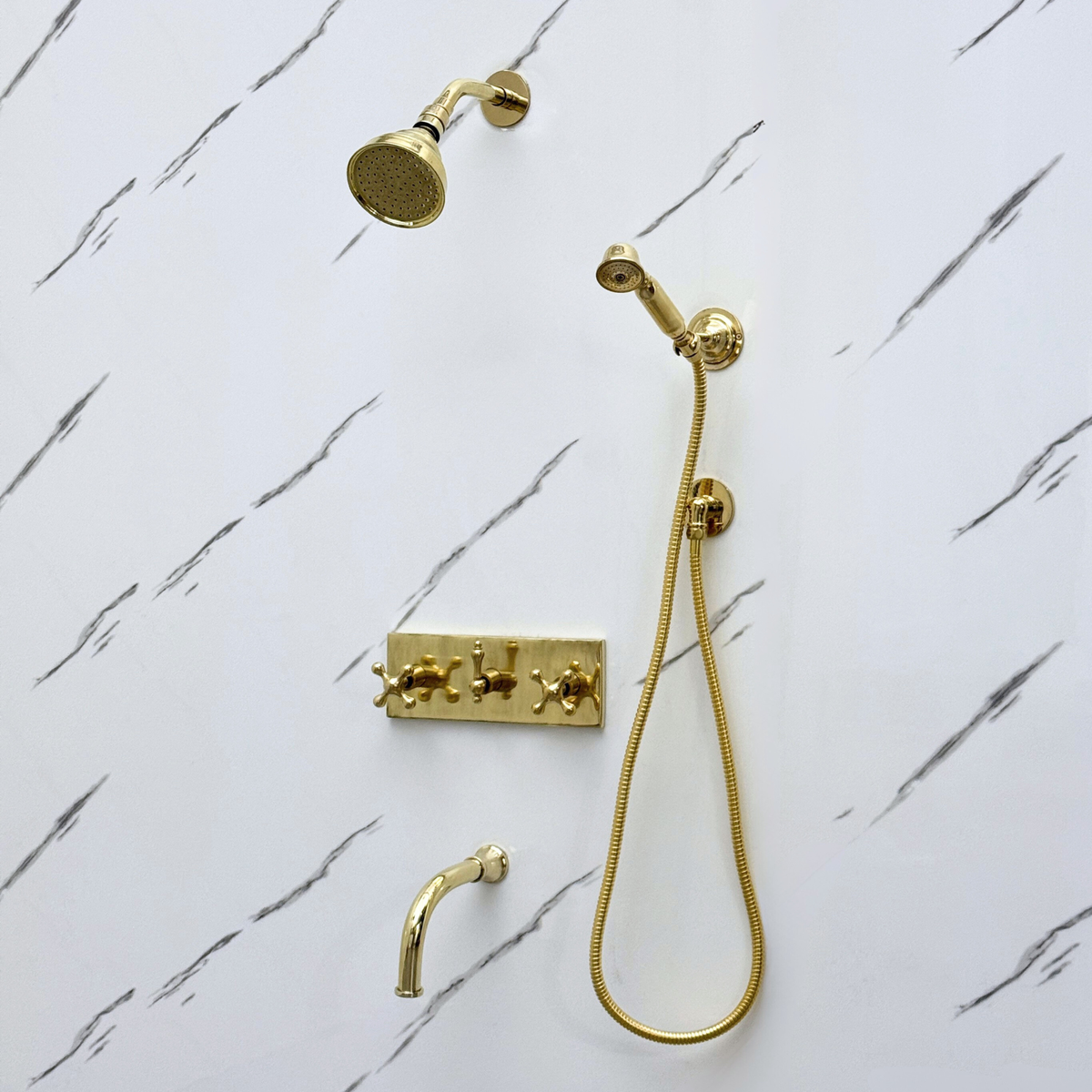Unlacquered Brass Round Rain Shower System with Handheld & Tub Filler — Short arm (UBCSS-013) — detail view 2