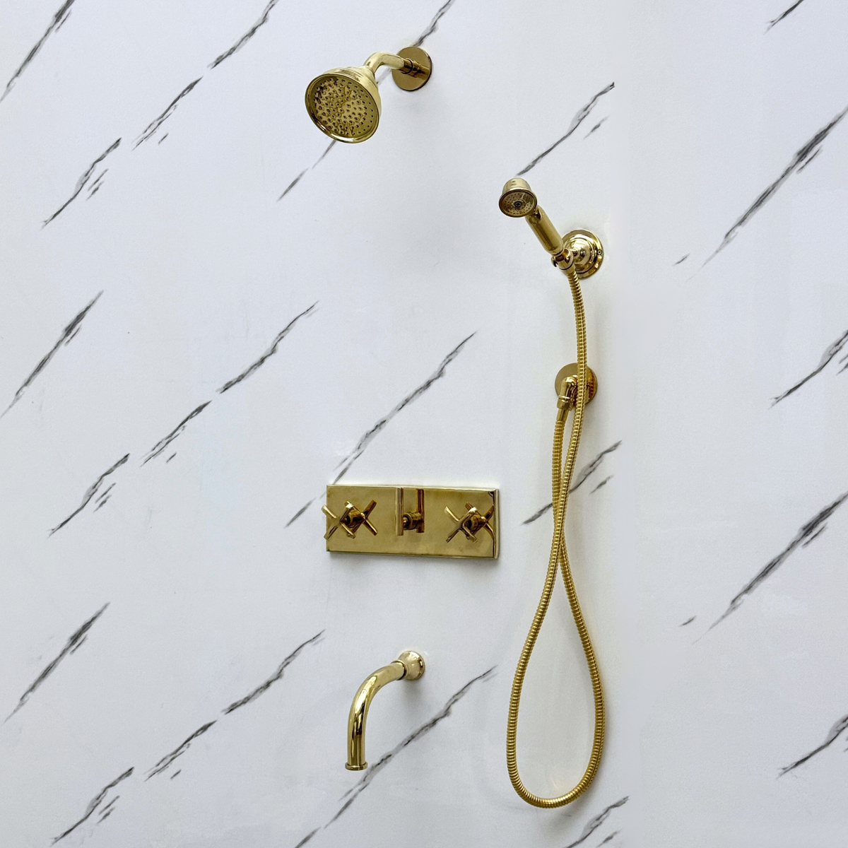 Unlacquered Brass Round Rain Shower System with Handheld & Tub Filler — Short arm (UBCSS-013) — detail view 8