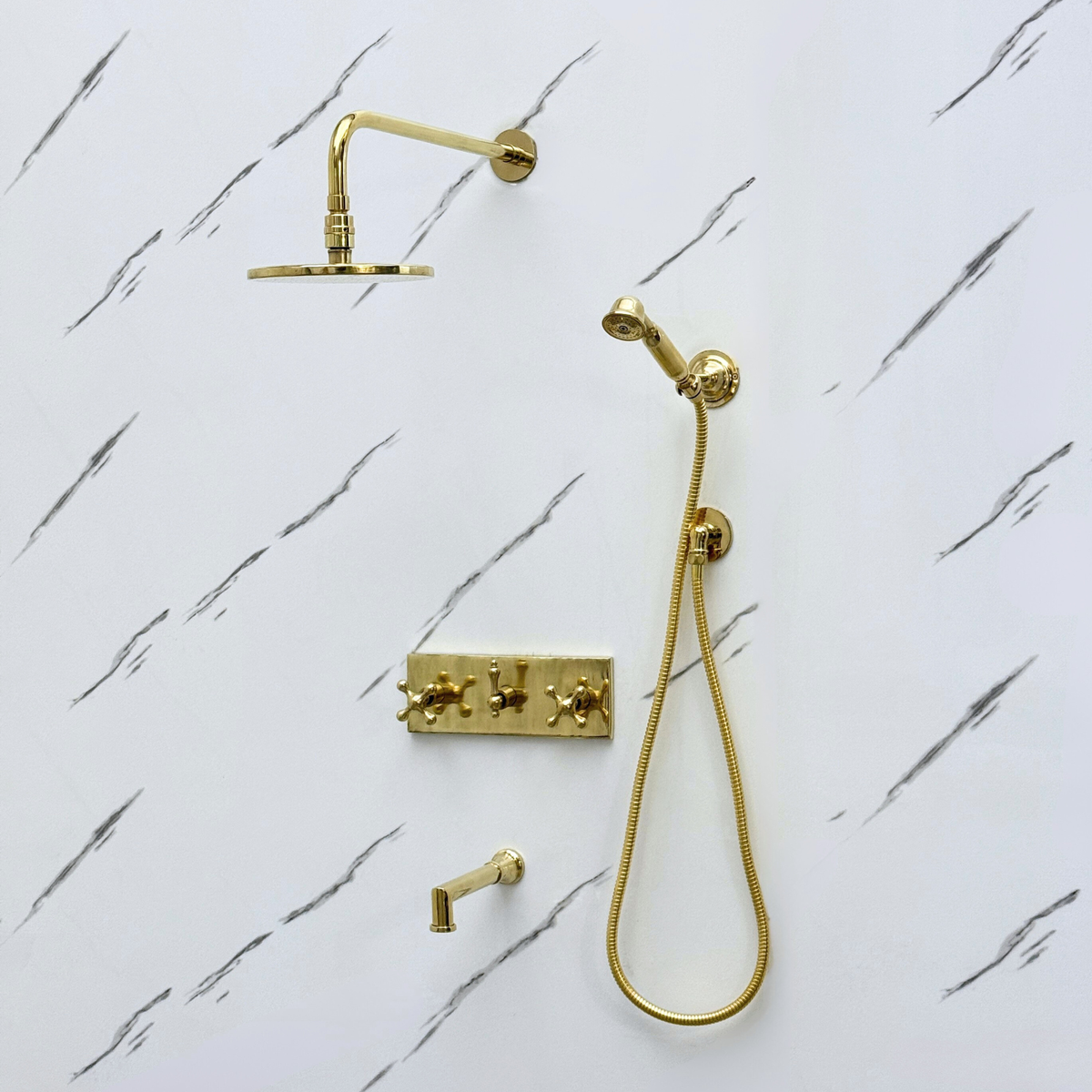 Unlacquered Brass Adjustable Round Rain Shower System with Handheld & Tub Filler — Straight arm (UBCSS-015) — detail view 2