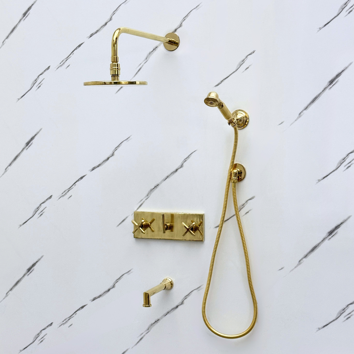 Unlacquered Brass Adjustable Round Rain Shower System with Handheld & Tub Filler — Straight arm (UBCSS-015) — detail view 4