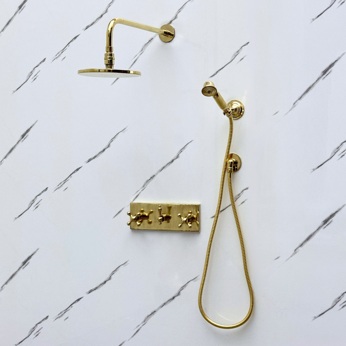 Unlacquered Brass Adjustable Flat Round Rain Shower System with Handheld — Straight arm (UBCSS-011) — detail view 2