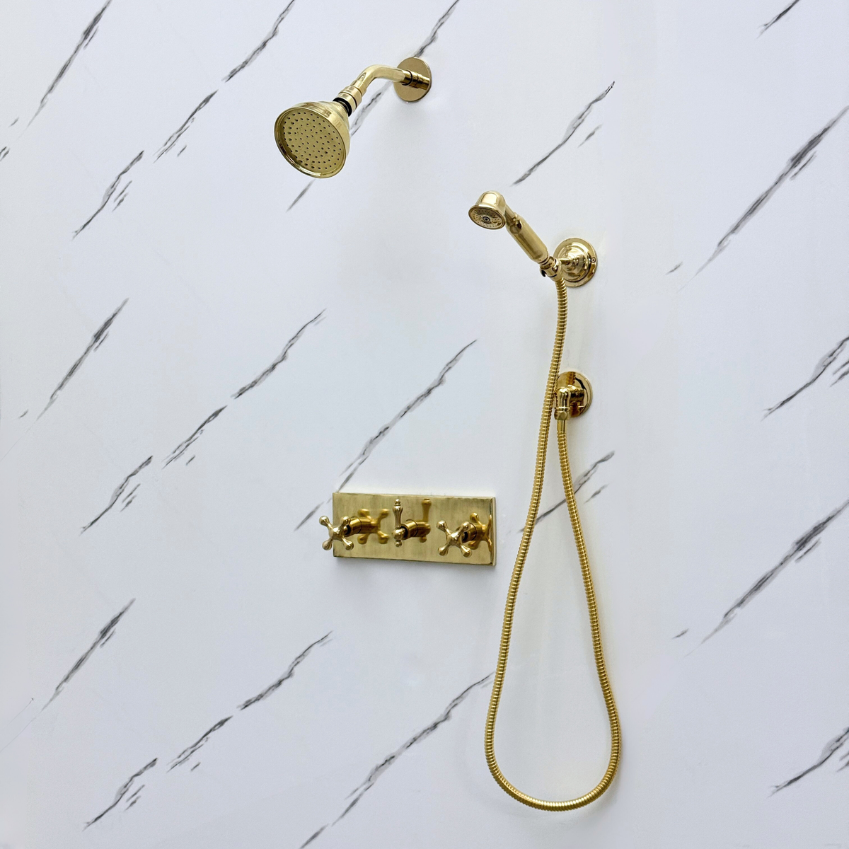 Unlacquered Brass Adjustable Round Rain Shower System with Handheld — Short arm (UBCSS-010) — detail view 3