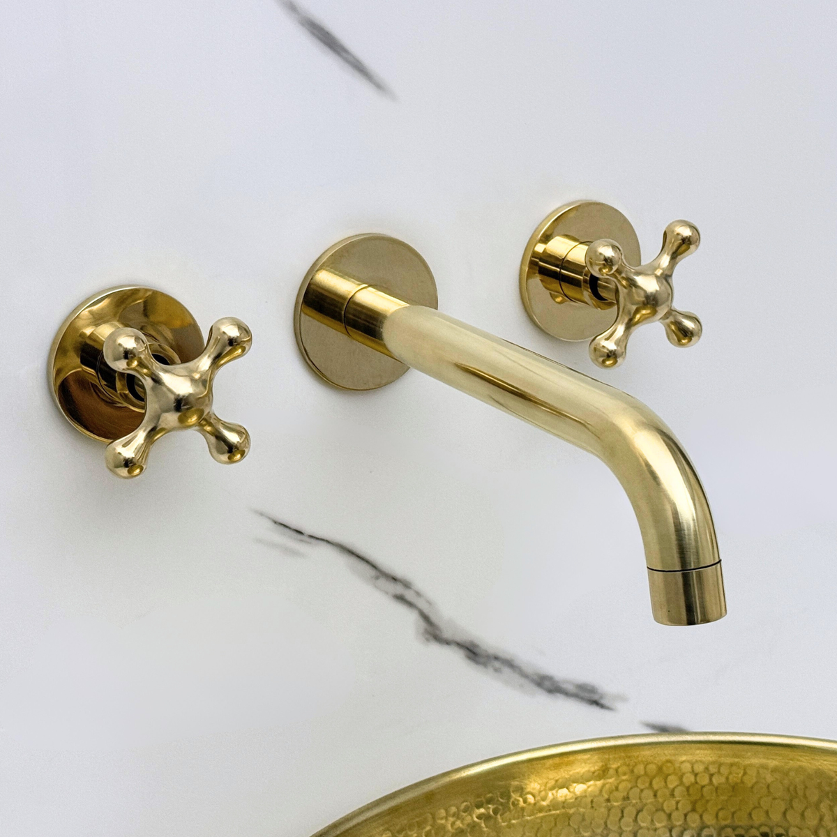 8" Curved unlacquered brass wall faucet, 2.5" drop with cross handles – alternate view 2