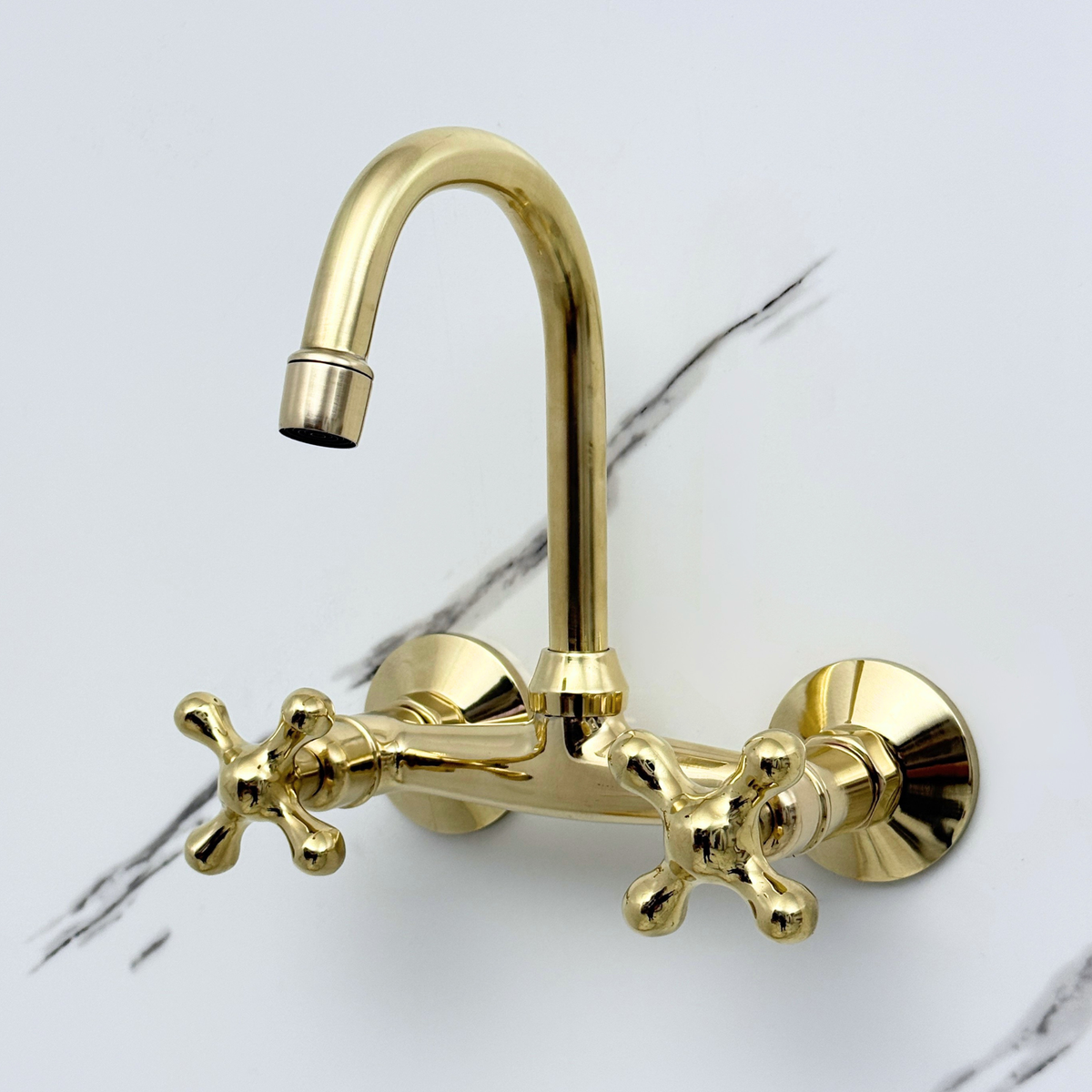 6.5" Gooseneck unlacquered brass wall faucet, 6" spread with cross handles – alternate view 2