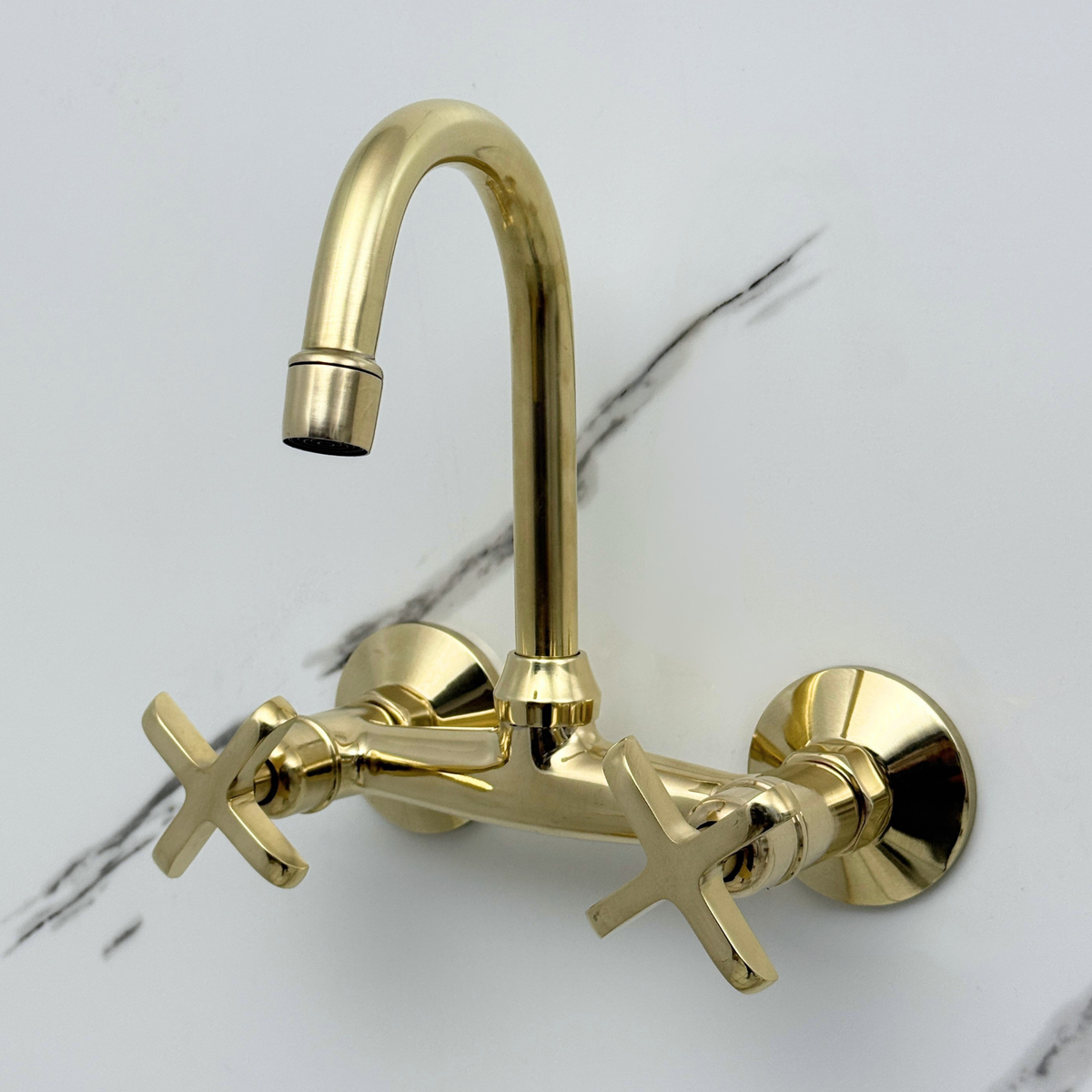 6.5" Gooseneck unlacquered brass wall faucet, 6" spread with cross handles – alternate view 5