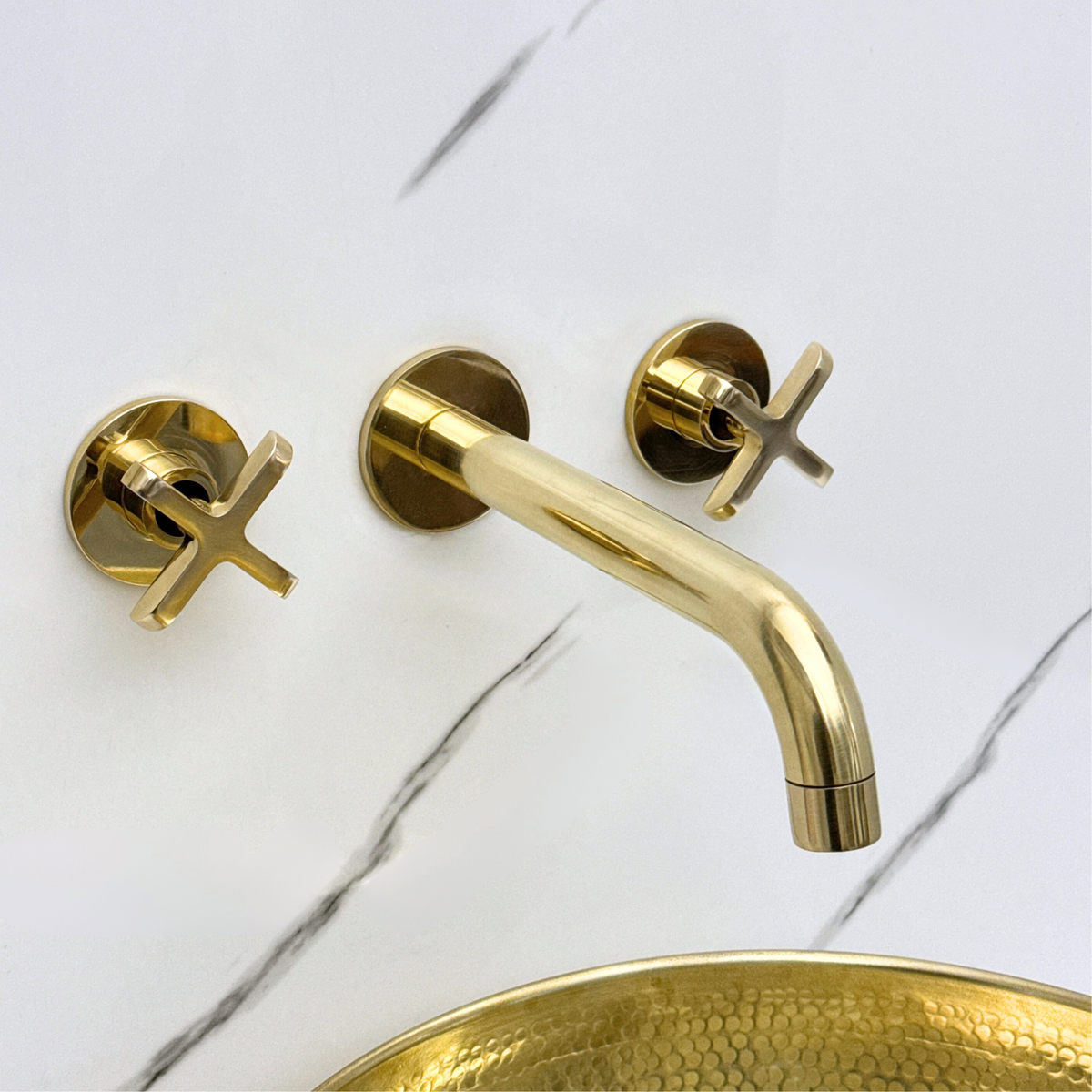 8" Curved unlacquered brass wall faucet, 2.5" drop with cross handles – alternate view 9