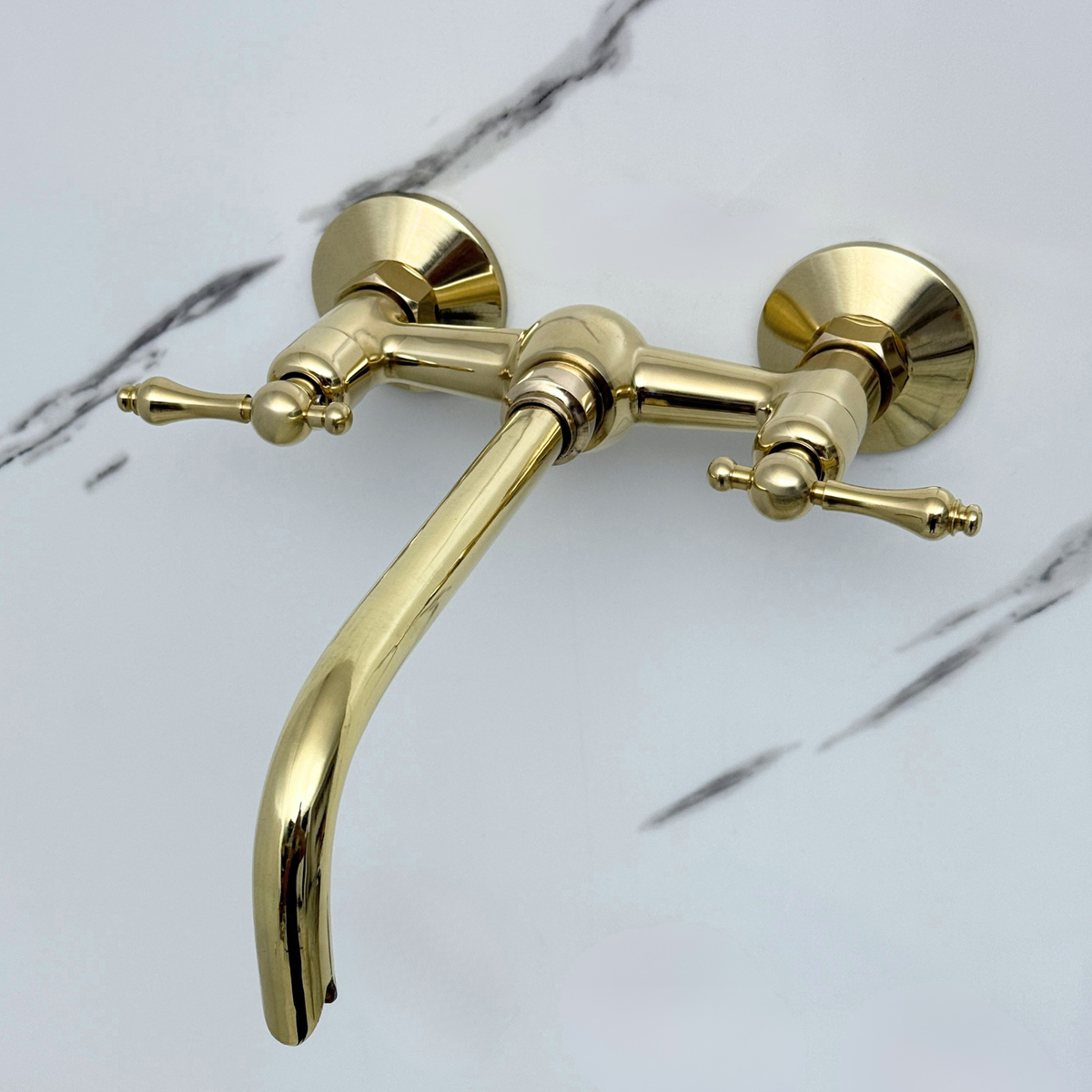 10" Ball-Center unlacquered brass wall faucet, 6" spread with lever handles – alternate view 3