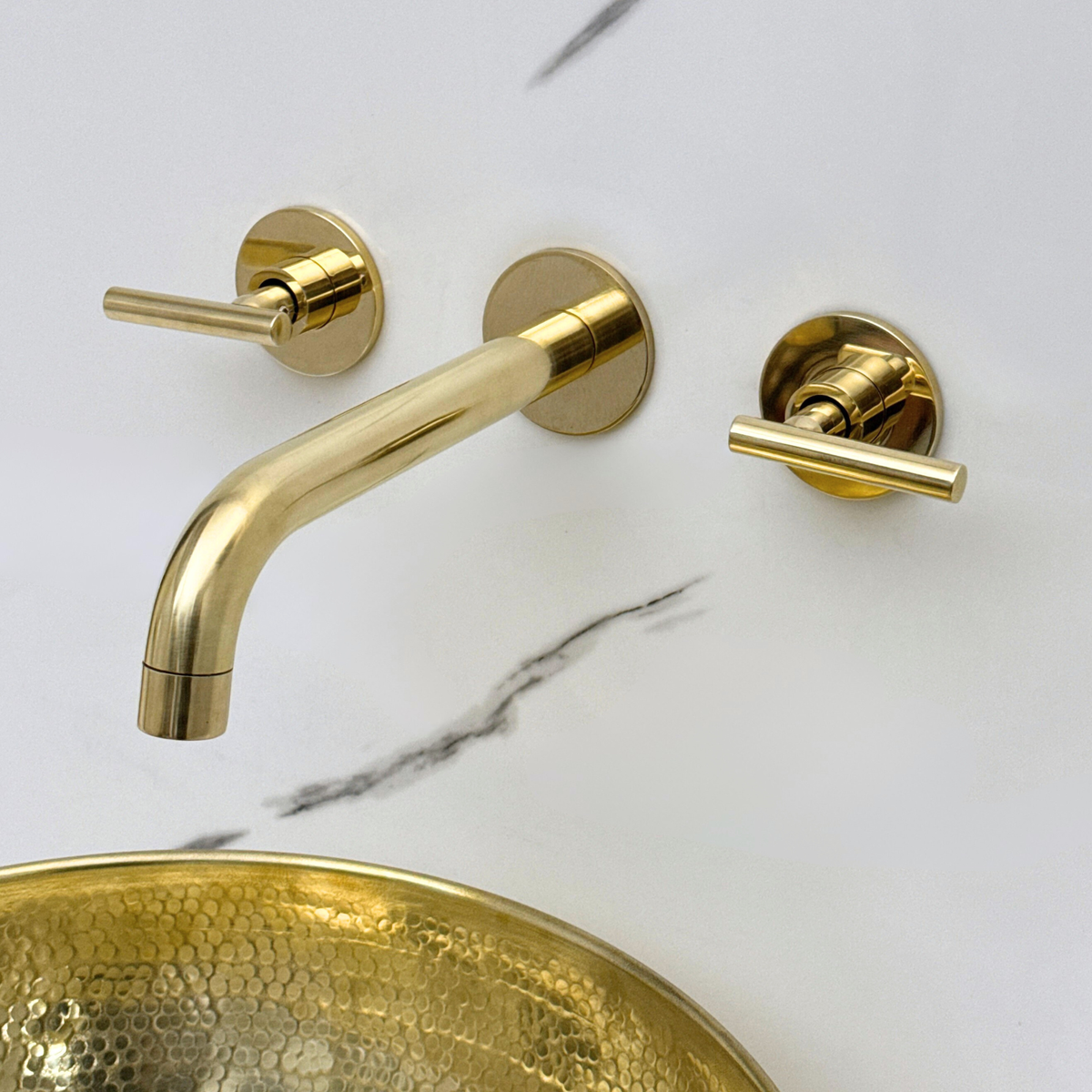 8" Curved unlacquered brass wall faucet, 2.5" drop with lever handles – alternate view 7