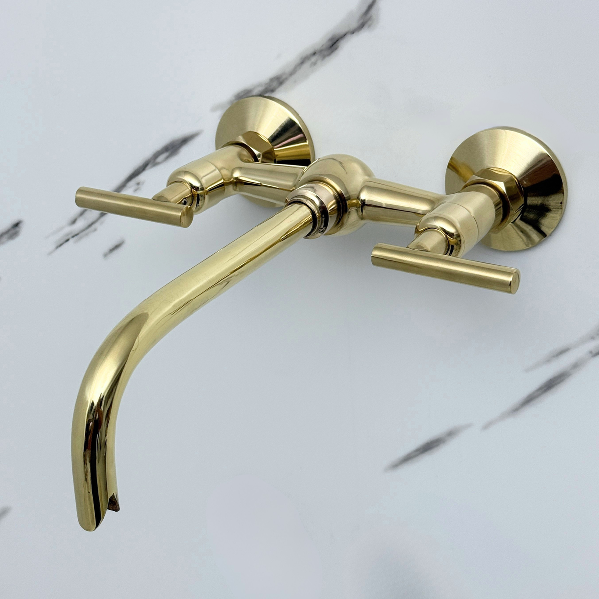 10" Ball-Center unlacquered brass wall faucet, 6" spread with lever handles – alternate view 7