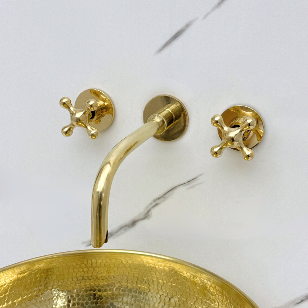 8" Curved unlacquered brass wall faucet, 3.5" drop with cross handles – alternate view 3