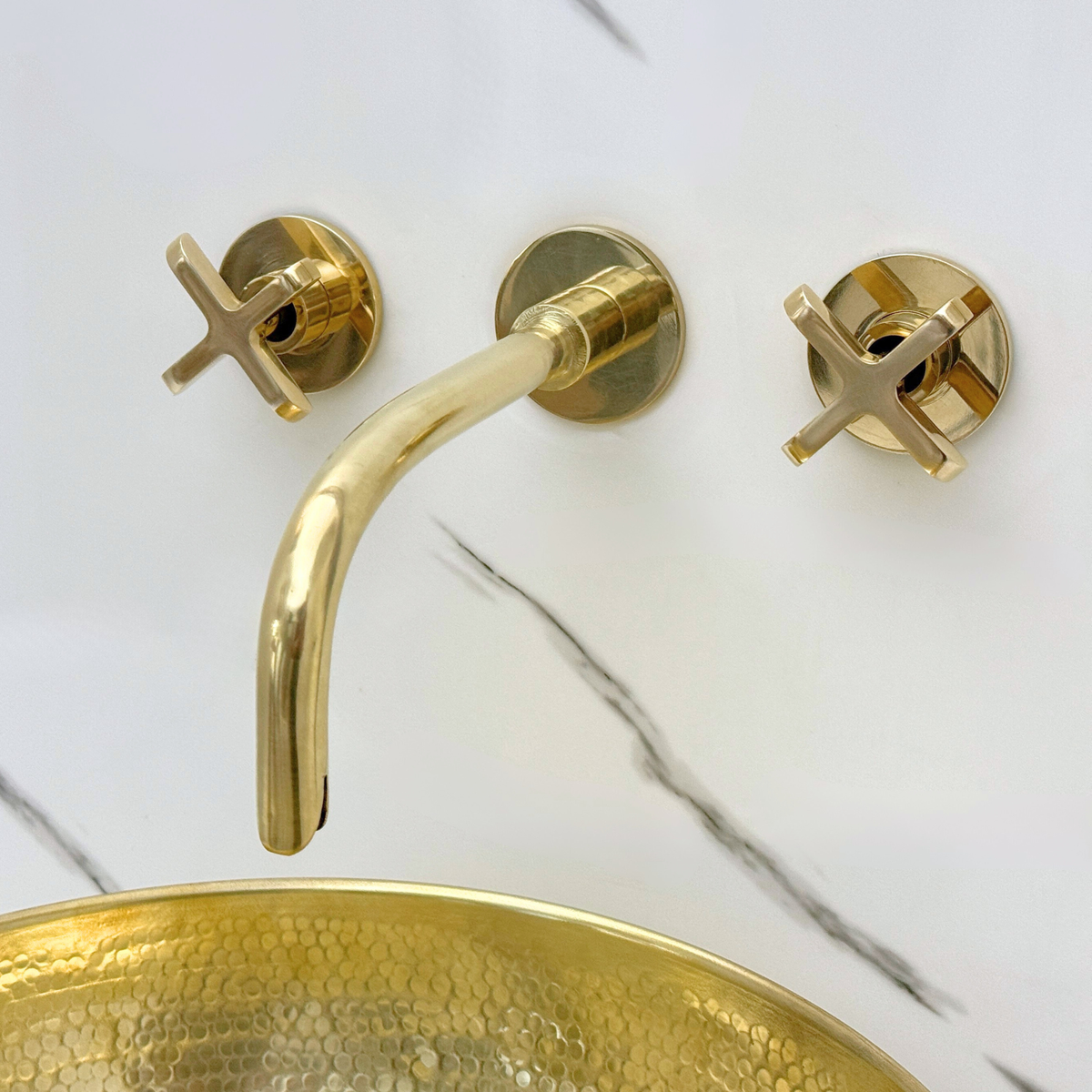 8" Curved unlacquered brass wall faucet, 3.5" drop with cross handles – alternate view 7