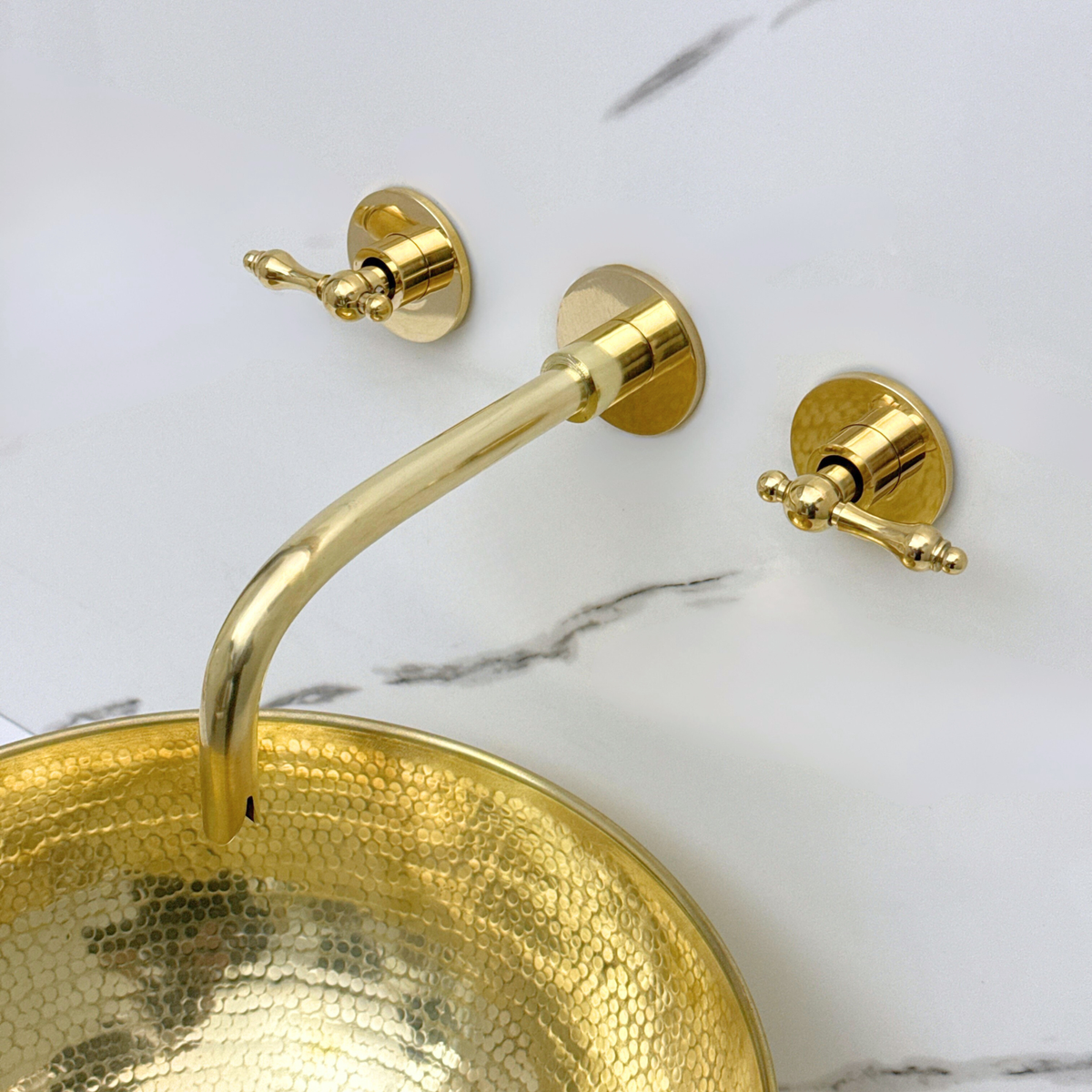 8" Curved unlacquered brass wall faucet, 3.5" drop with lever handles – alternate view 2