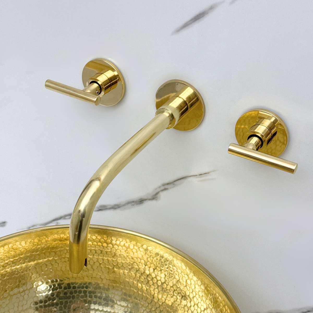8" Curved unlacquered brass wall faucet, 3.5" drop with lever handles – alternate view 5