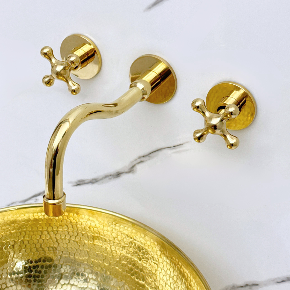 8" Curved unlacquered brass wall faucet, 2" drop with cross handles – alternate view 2