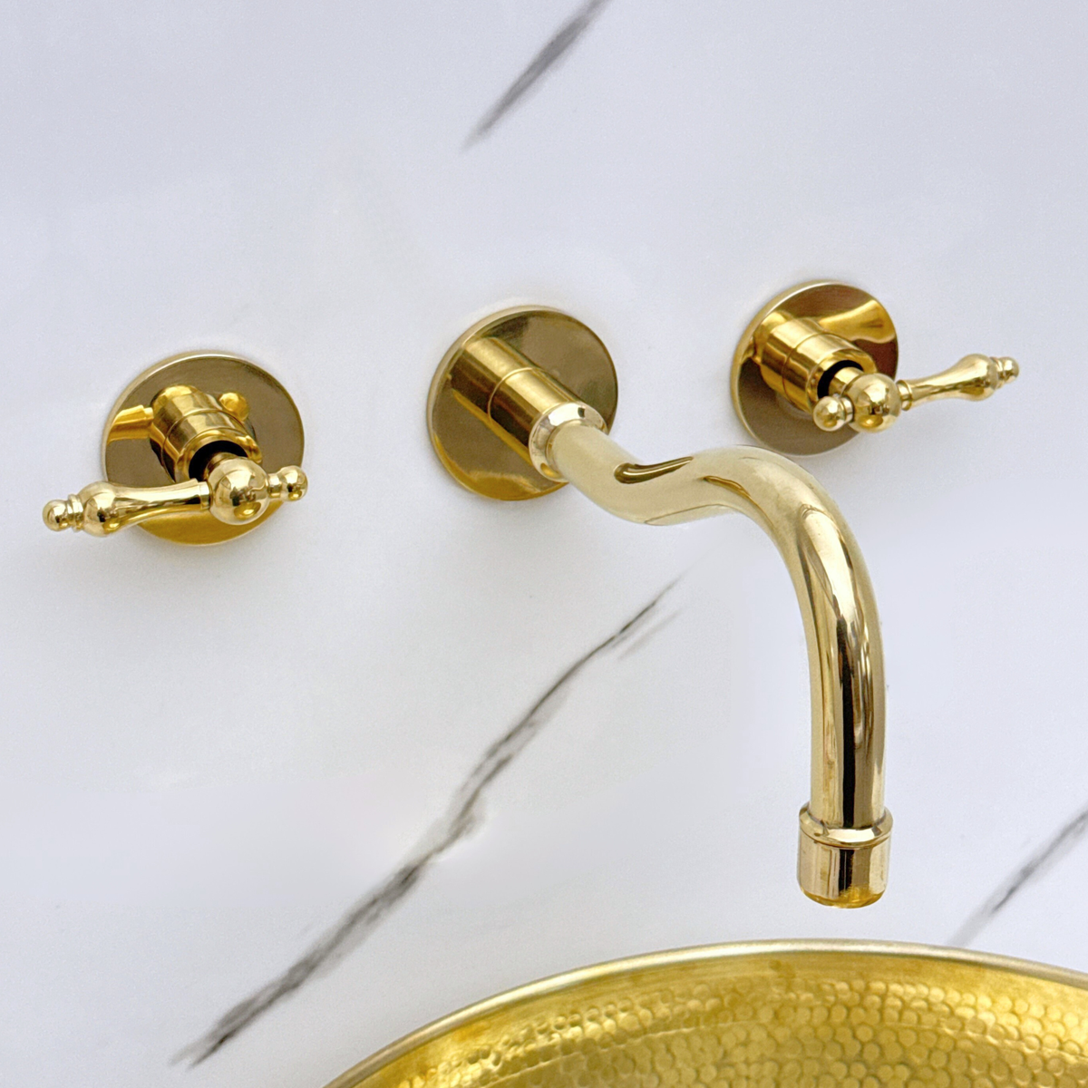 8" Curved unlacquered brass wall faucet, 2" drop with lever handles – alternate view 2