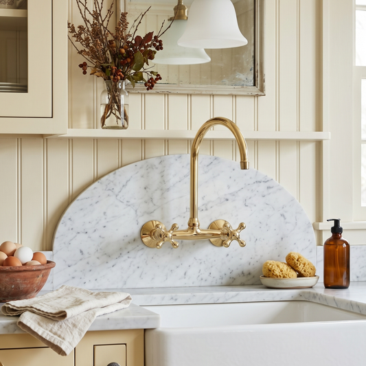 Unlacquered brass wall faucet, 11.5" high, 6" spread with cross handles