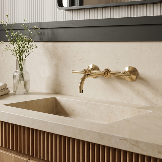 10" Ball-Center unlacquered brass wall faucet, 8" spread with lever handles