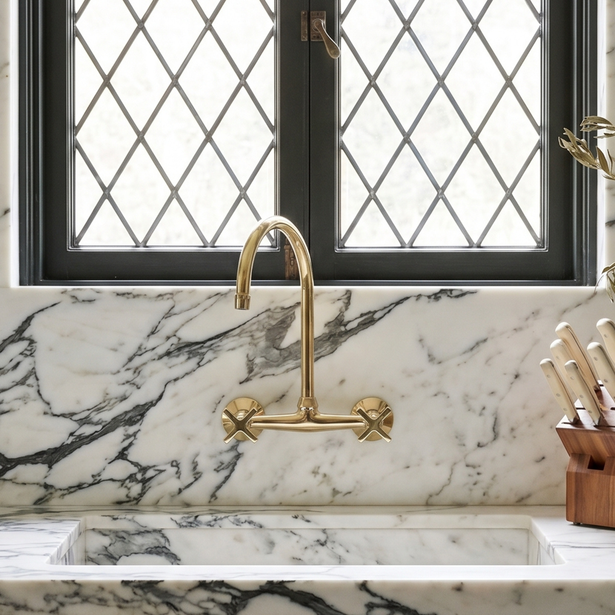 Unlacquered brass wall faucet, 11.5" high, 8" spread with cross handles