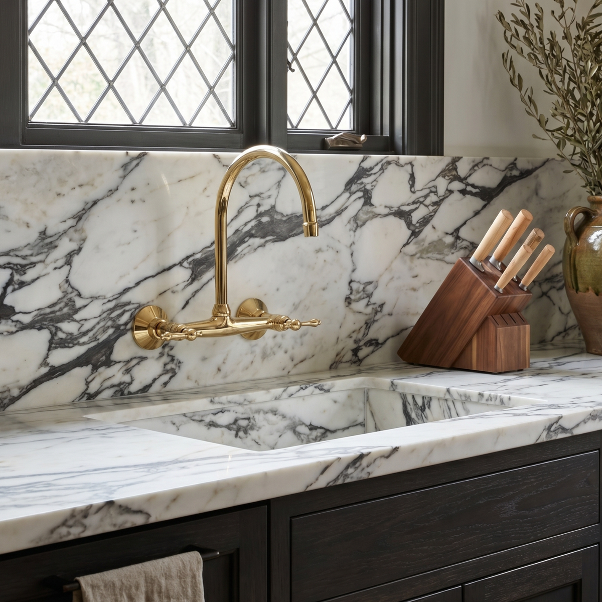Unlacquered brass wall faucet, 11.5" high, 8" spread with lever handles