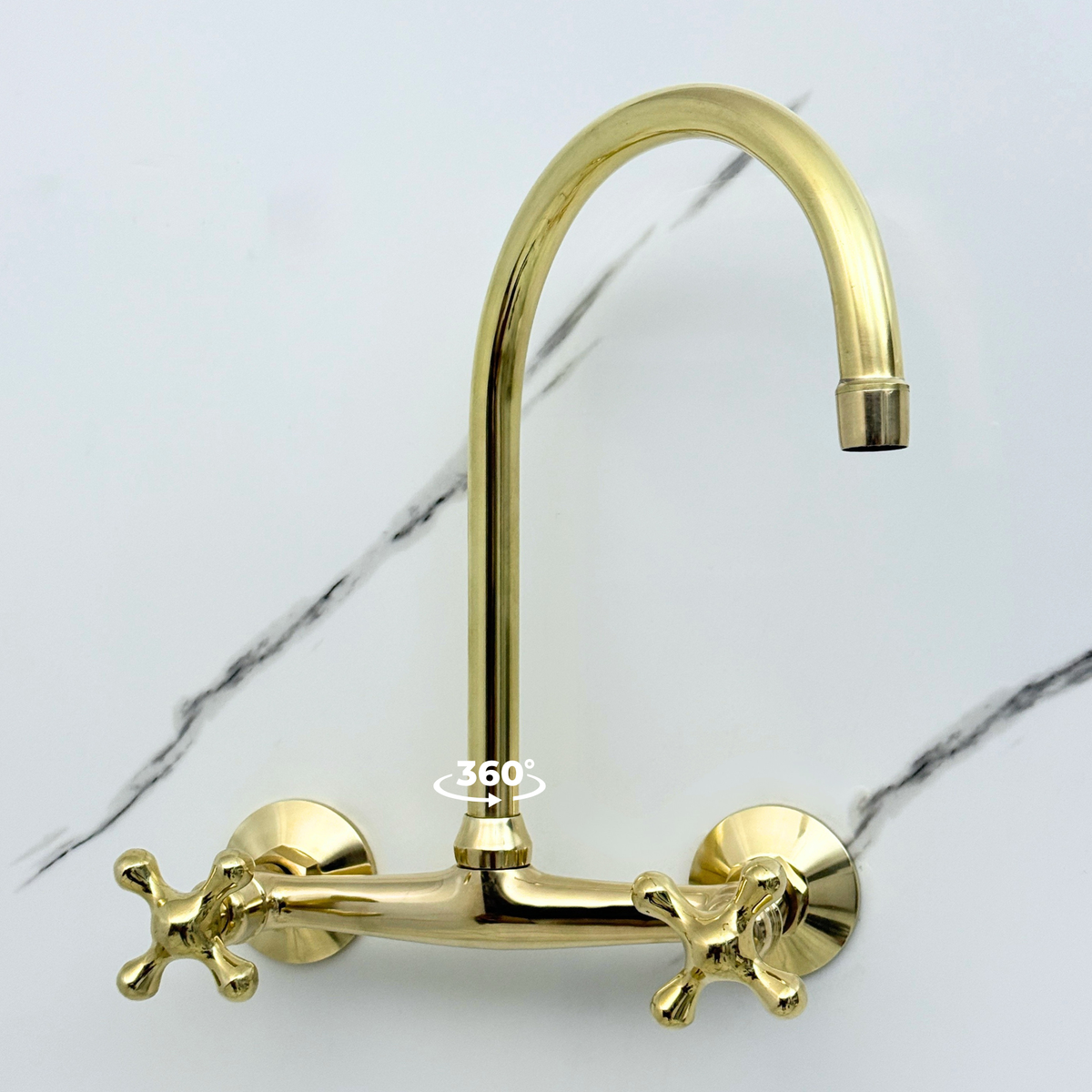 Unlacquered brass wall faucet, 11.5" high, 8" spread with cross handles – alternate view 4