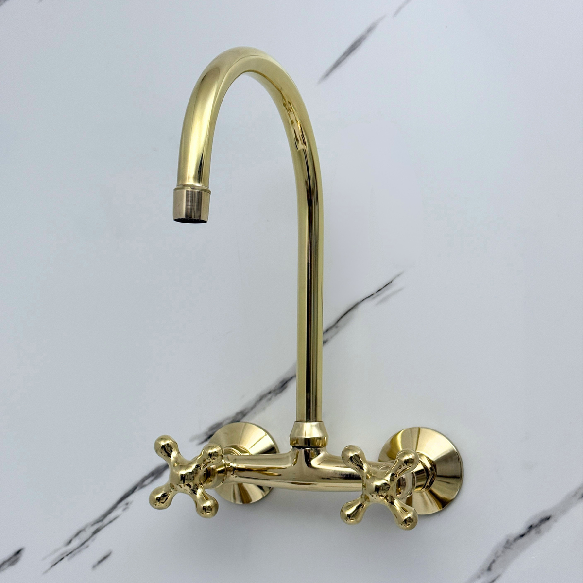 Unlacquered brass wall faucet, 11.5" high, 6" spread with cross handles – alternate view 5