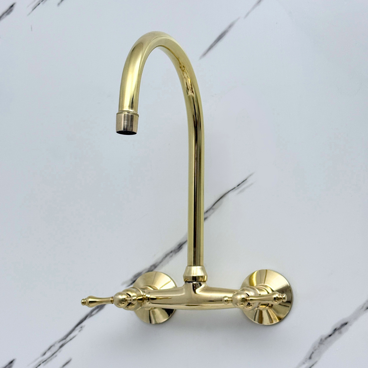 Unlacquered brass wall faucet, 11.5" high, 6" spread with lever handles – alternate view 4