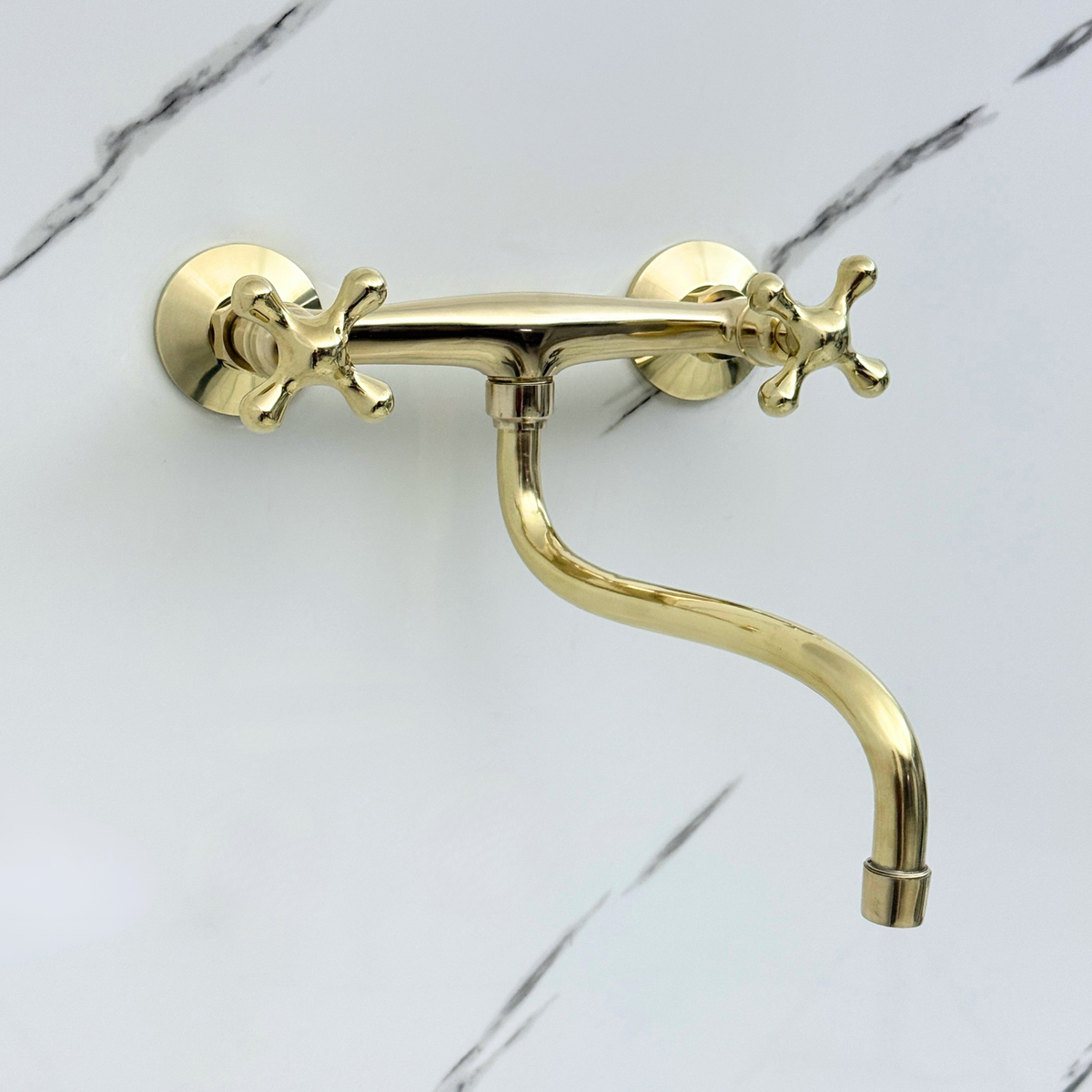 Unlacquered brass wall faucet, 10" reach, 7" drop with cross handles – alternate view 7