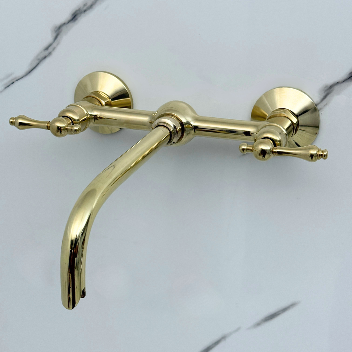 10" Ball-Center unlacquered brass wall faucet, 8" spread with lever handles – alternate view 4