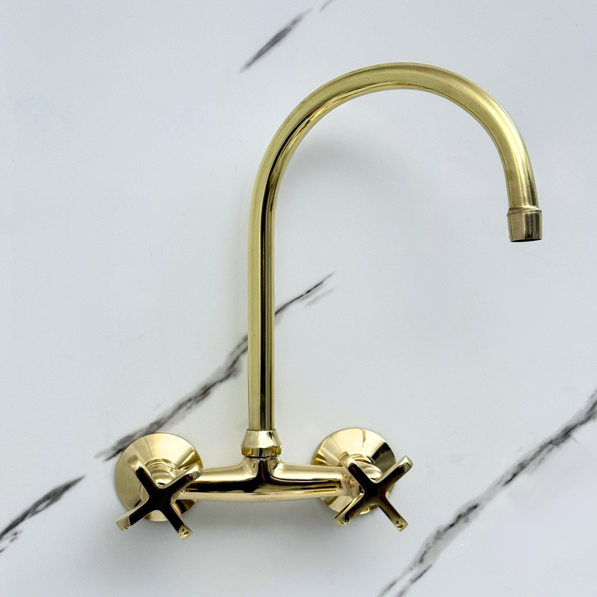Unlacquered brass wall faucet, 11.5" high, 6" spread with cross handles – alternate view 6