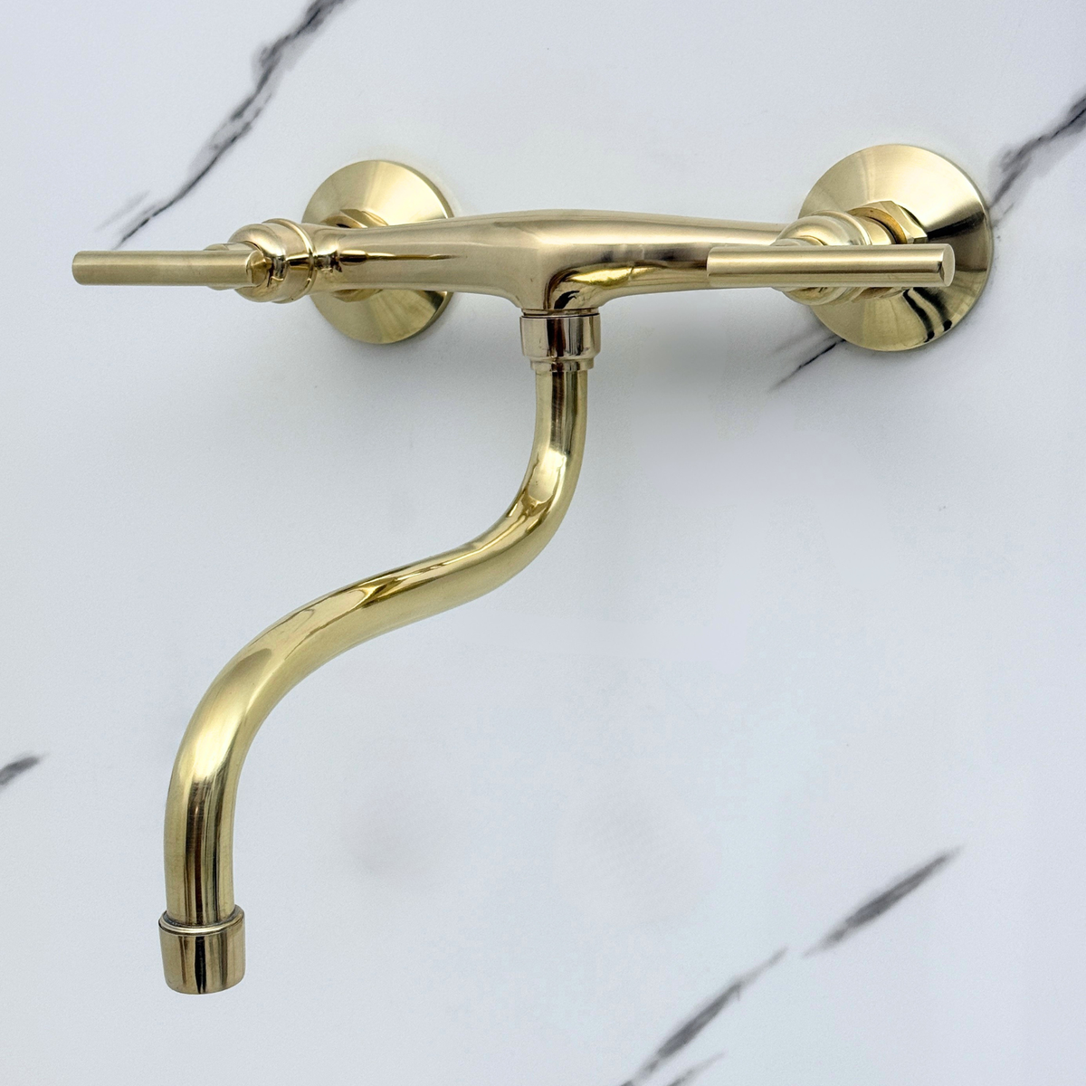 Unlacquered brass wall faucet, 10" reach, 7" drop with lever handles – alternate view 5