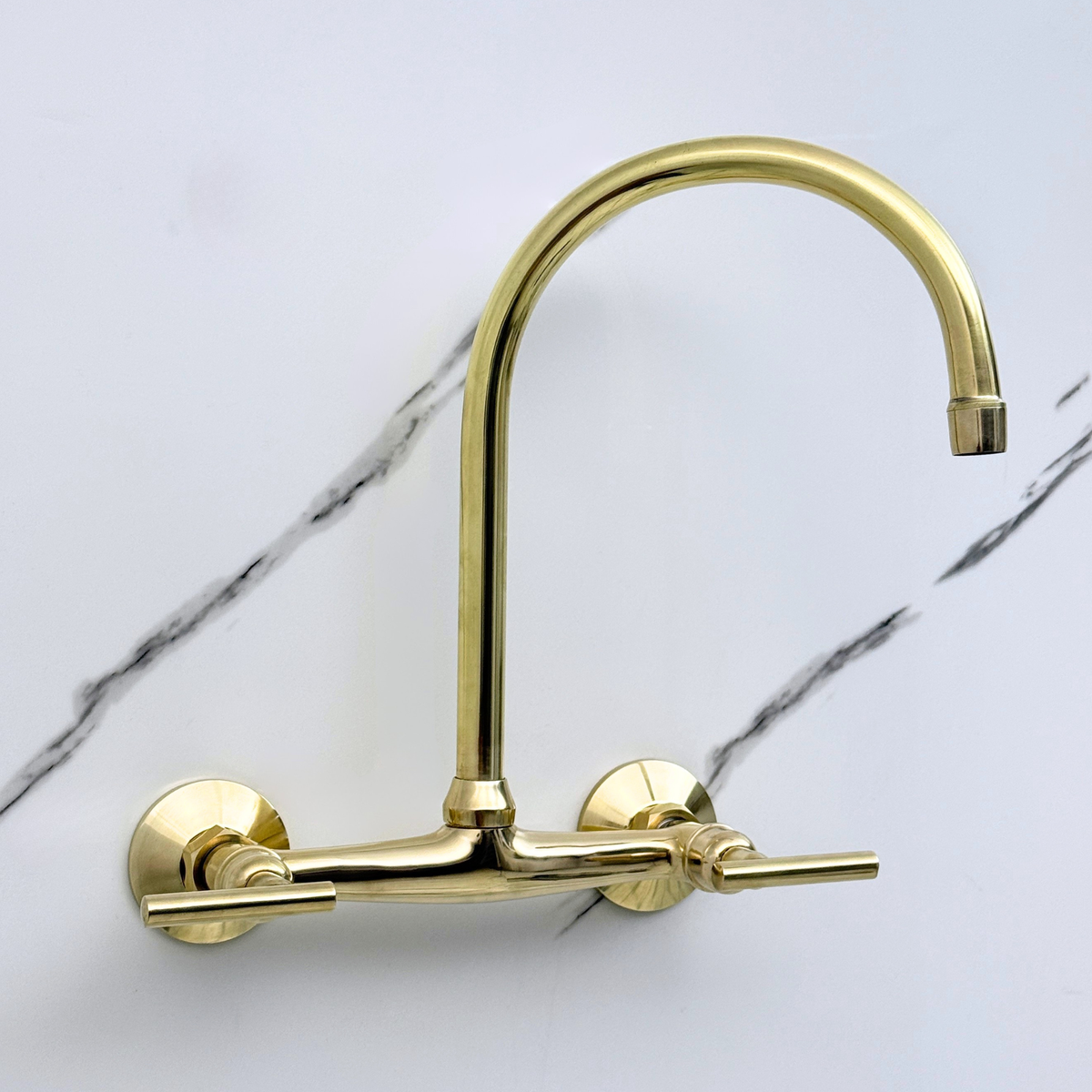 Unlacquered brass wall faucet, 11.5" high, 8" spread with lever handles – alternate view 5