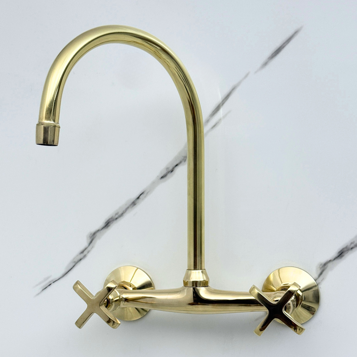 Unlacquered brass wall faucet, 11.5" high, 8" spread with cross handles – alternate view 6