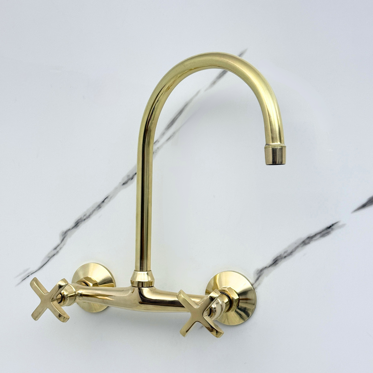 Unlacquered brass wall faucet, 11.5" high, 8" spread with cross handles – alternate view 7