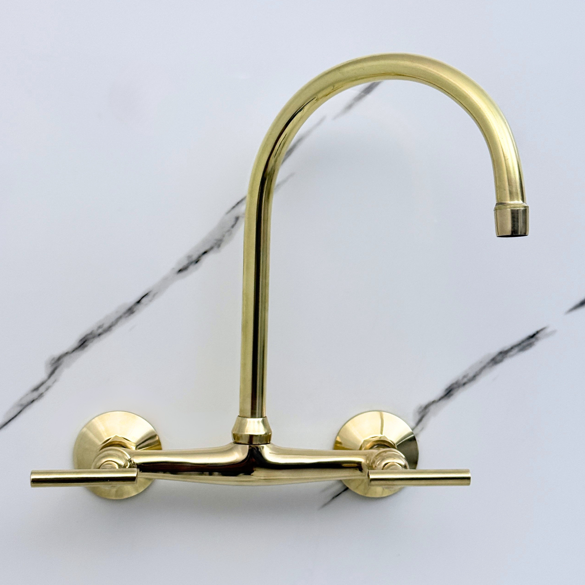 Unlacquered brass wall faucet, 11.5" high, 8" spread with lever handles – alternate view 7