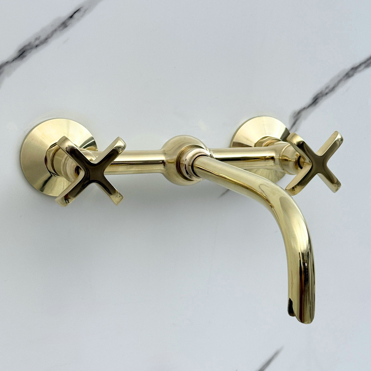 10" Ball-Center unlacquered brass wall faucet, 8" spread with cross handles – alternate view 7