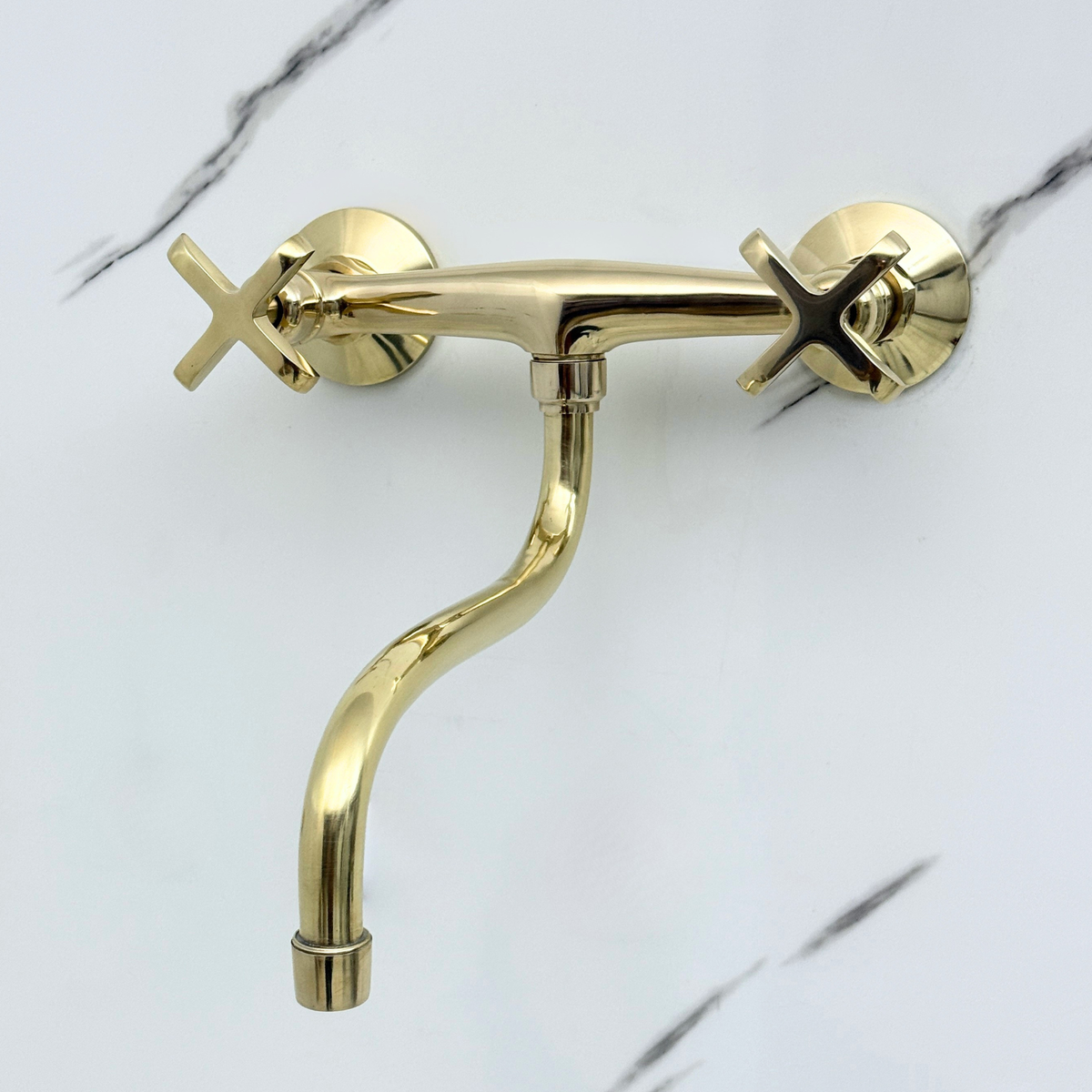 Unlacquered brass wall faucet, 10" reach, 7" drop with cross handles – alternate view 8