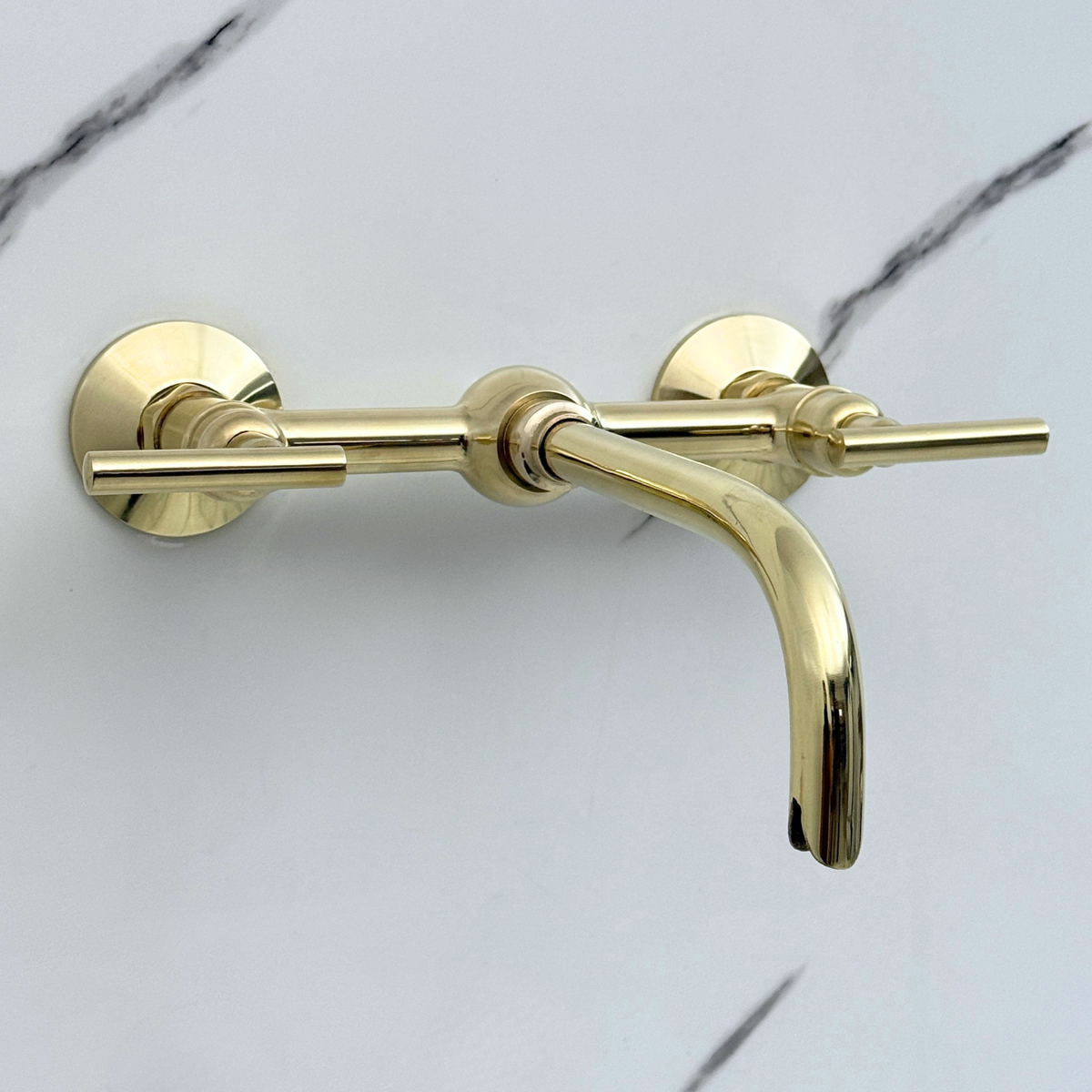 10" Ball-Center unlacquered brass wall faucet, 8" spread with lever handles – alternate view 8