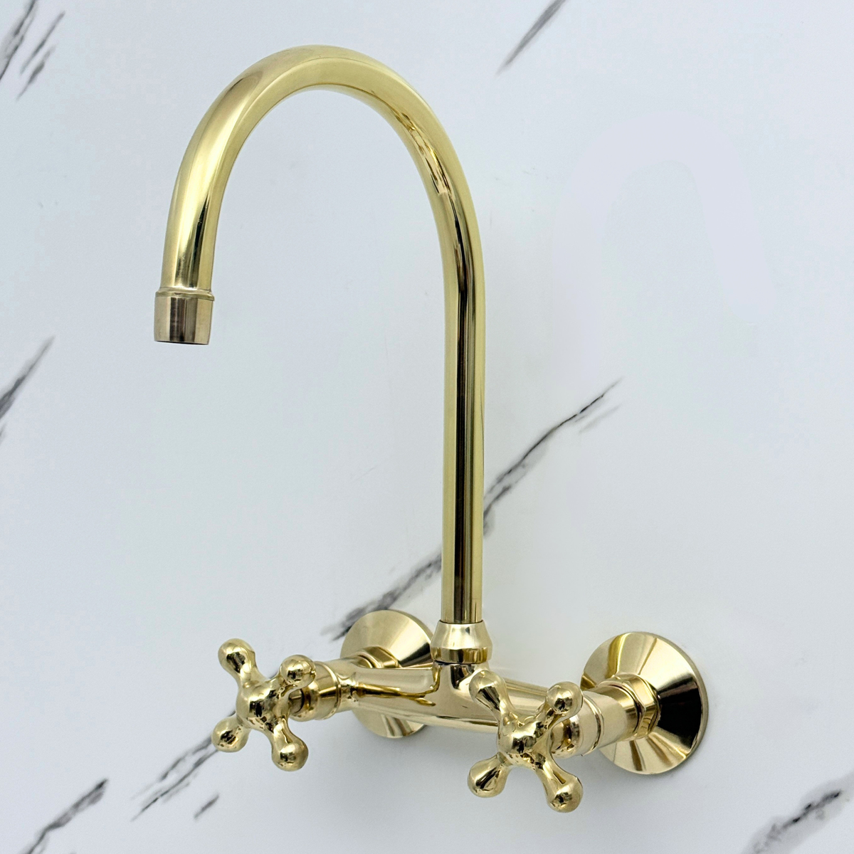 Unlacquered brass wall faucet, 11.5" high, 6" spread with cross handles – alternate view 2