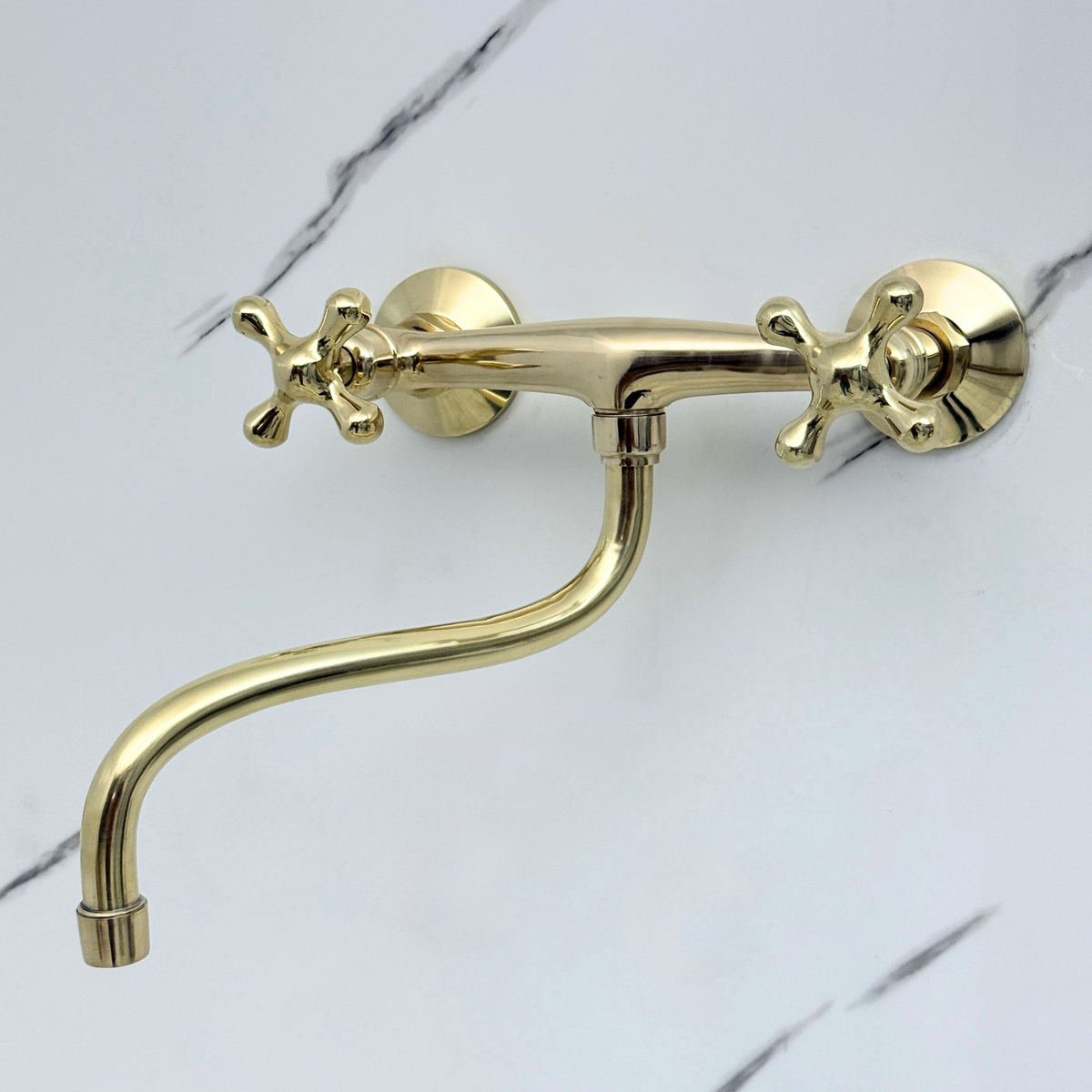 Unlacquered brass wall faucet, 10" reach, 7" drop with cross handles – alternate view 2