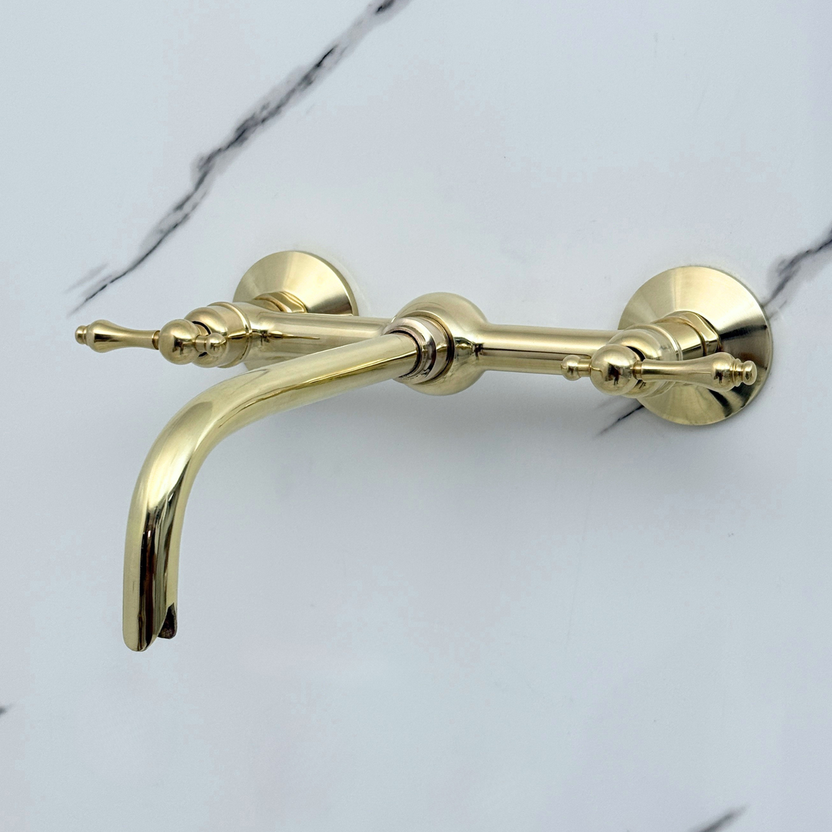 10" Ball-Center unlacquered brass wall faucet, 8" spread with lever handles – alternate view 2