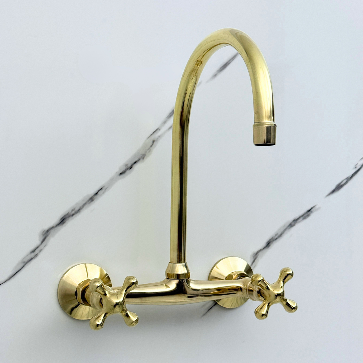 Unlacquered brass wall faucet, 11.5" high, 8" spread with cross handles – alternate view 2