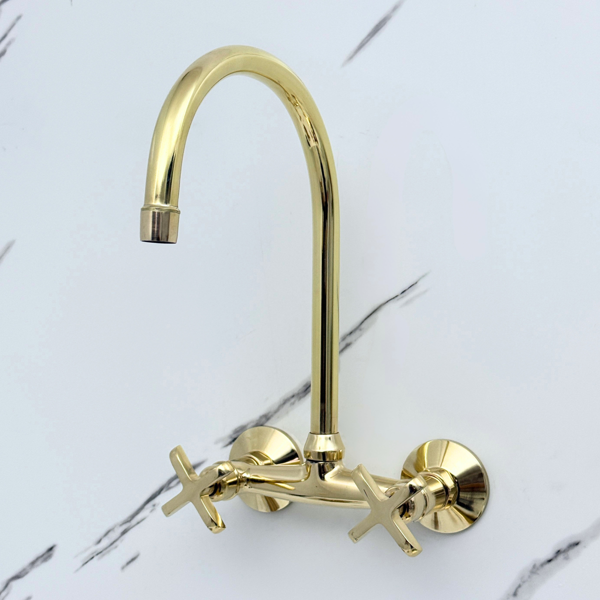 Unlacquered brass wall faucet, 11.5" high, 6" spread with cross handles – alternate view 3